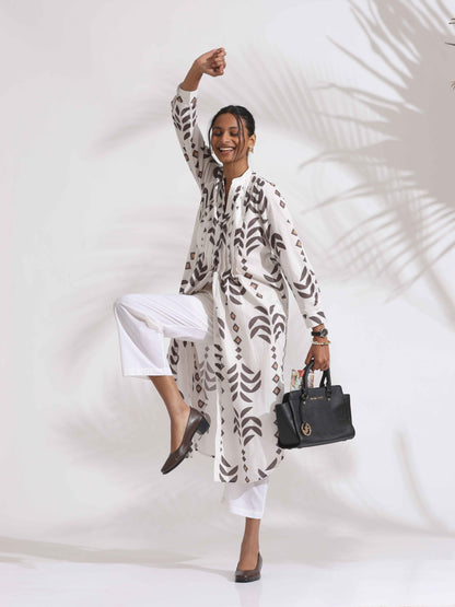 trueBrowns White Cotton Stripe Print Pleated Kurta Set