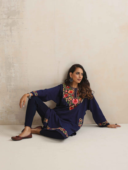 trueBrowns Blue Floral Embroidered Woollen Phiran Kurta