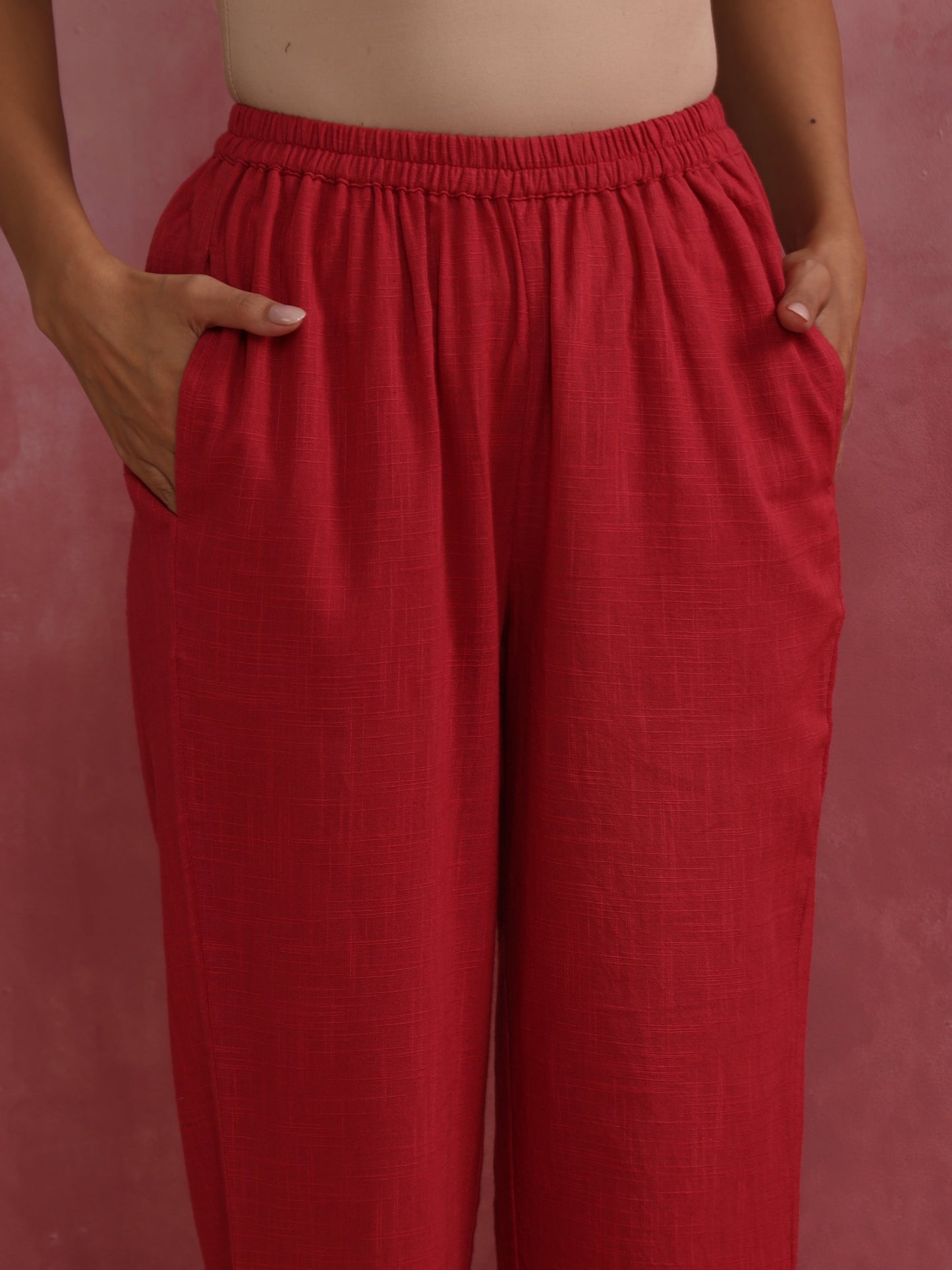 trueBrowns Red Straight Cotton Dobby Kurta Set