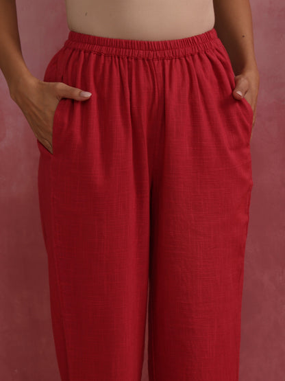 trueBrowns Red Straight Cotton Dobby Kurta Set