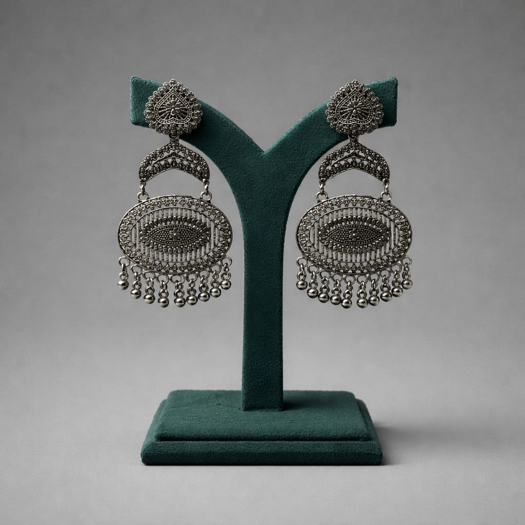 Oxidised Metal Oval Filigree Hanging Earrings with Bead Drops LP- 48Hr Delivery