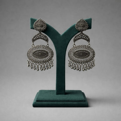 Oxidised Metal Oval Filigree Hanging Earrings with Bead Drops LP- 48Hr Delivery