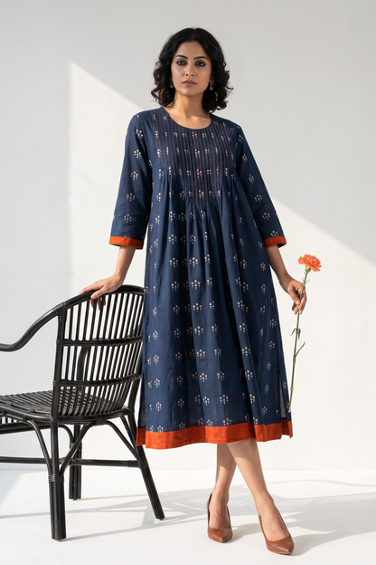 Navy Floral Bunch Cotton Kurta Top With Pintuck Mc