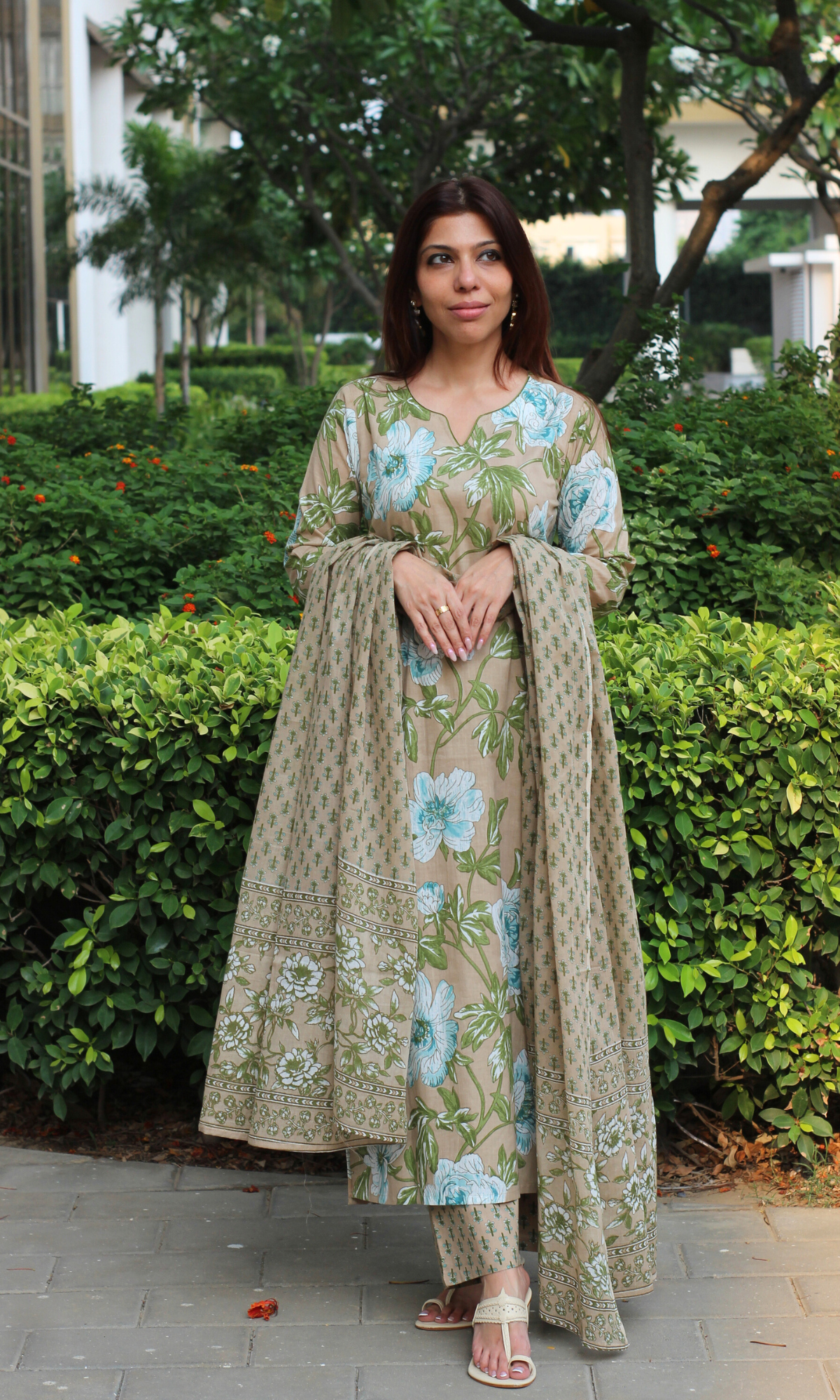 Baareeki Cotton Caramel Bloom Print Suit with Cotton Printed Dupatta