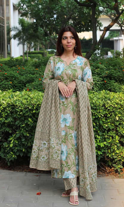 Baareeki Cotton Caramel Bloom Print Suit with Cotton Printed Dupatta