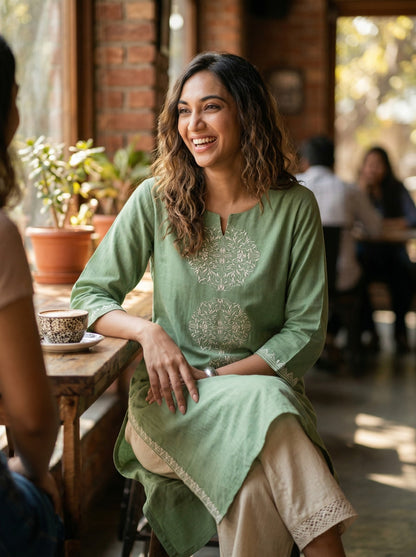 Hazel Green Embroidered Cotton Kurta Set LP- 48Hr Delivery