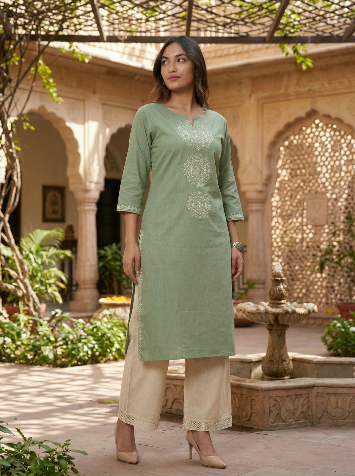 Hazel Green Embroidered Cotton Kurta Set LP- 48Hr Delivery