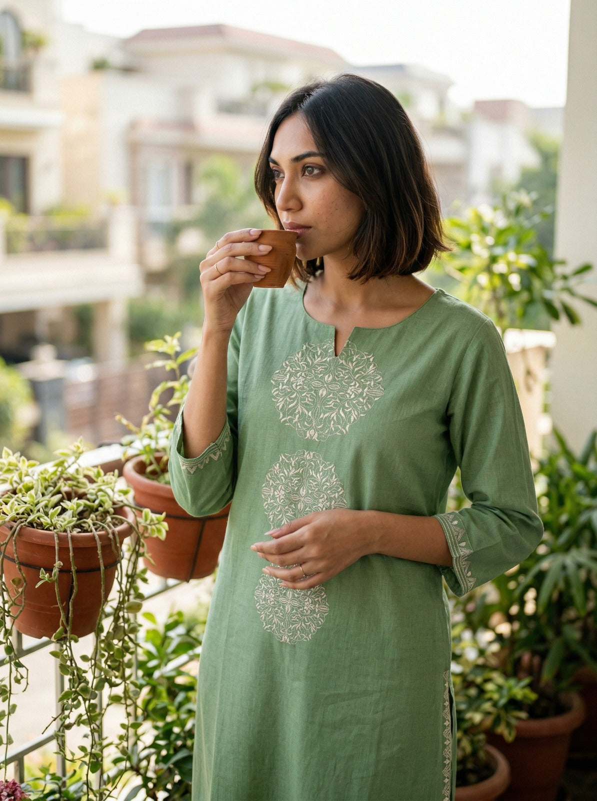 Hazel Green Embroidered Cotton Kurta Set LP- 48Hr Delivery
