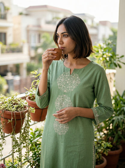 Hazel Green Embroidered Cotton Kurta Set LP- 48Hr Delivery