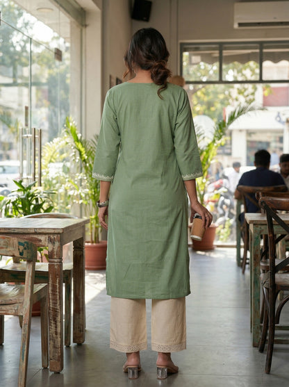Hazel Green Embroidered Cotton Kurta Set LP- 48Hr Delivery