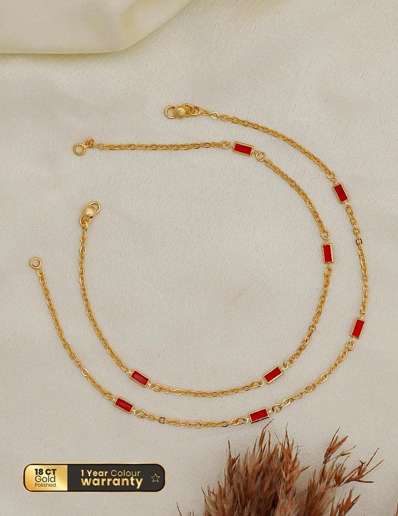 18K Gold-Toned Maroon Stone Anklet Pair