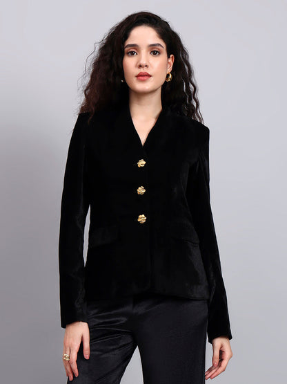Powersutra Velvet Black Blazer With Gold Buttons