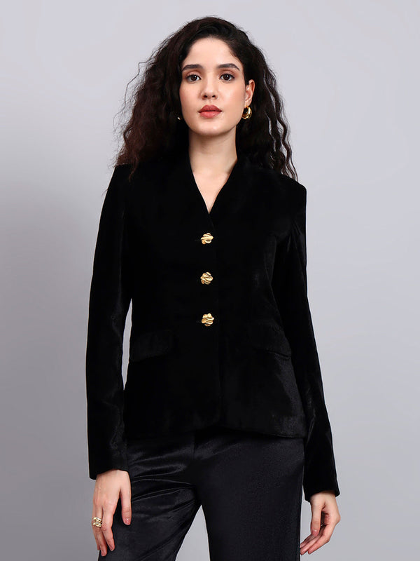 Powersutra Velvet Black Blazer With Gold Buttons