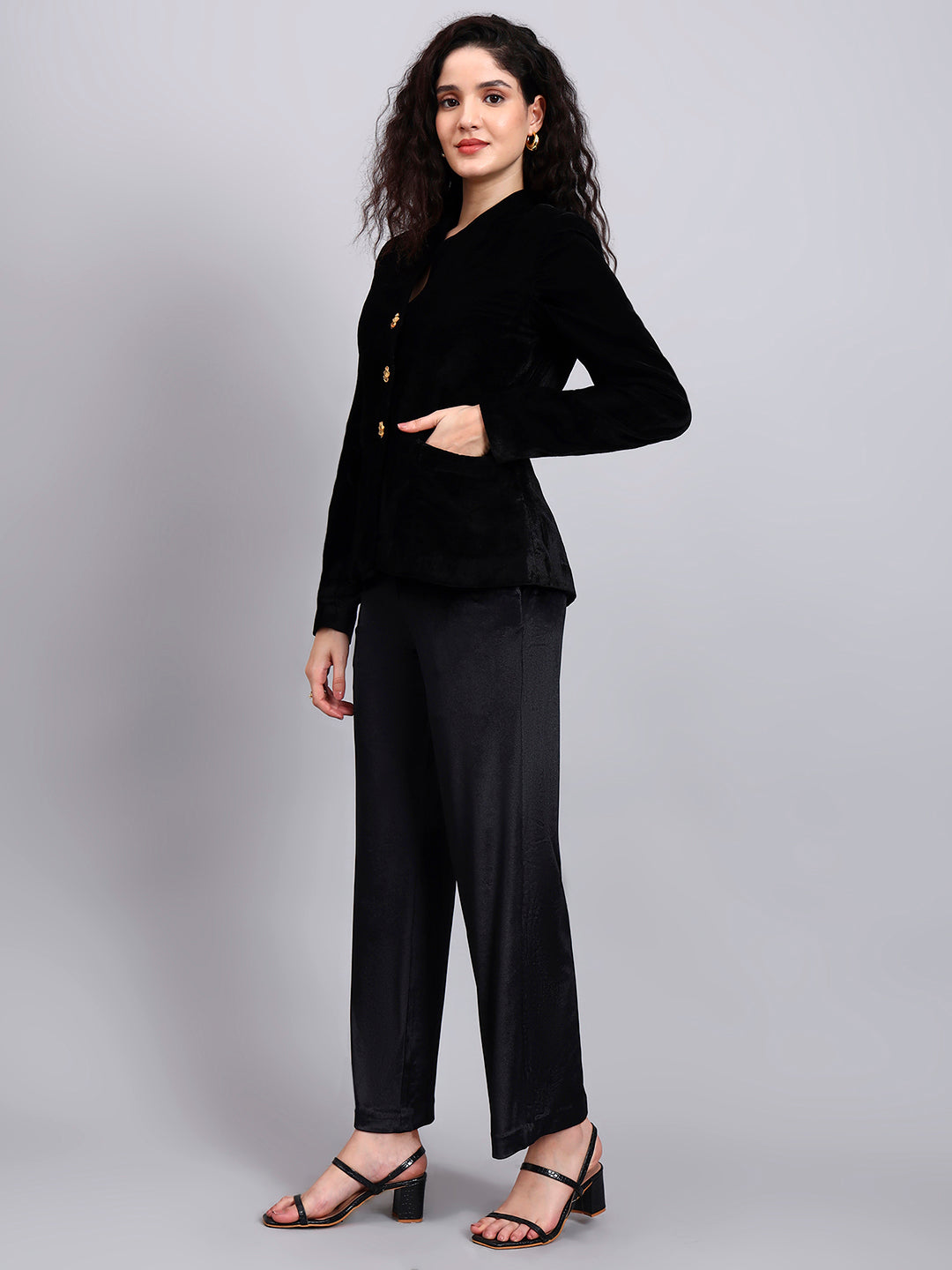 Powersutra Velvet Black Blazer With Gold Buttons