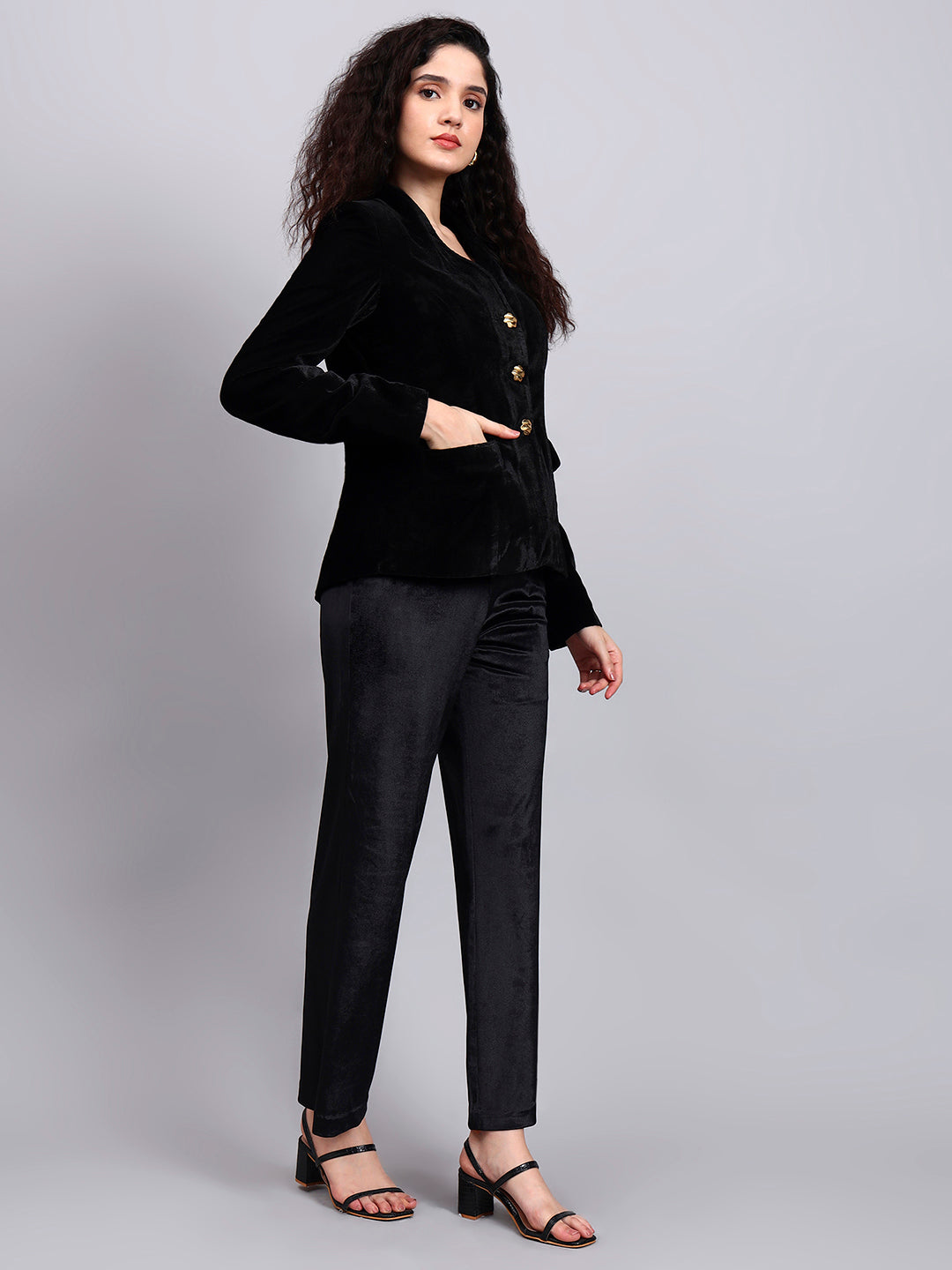 Powersutra Velvet Black Blazer With Gold Buttons