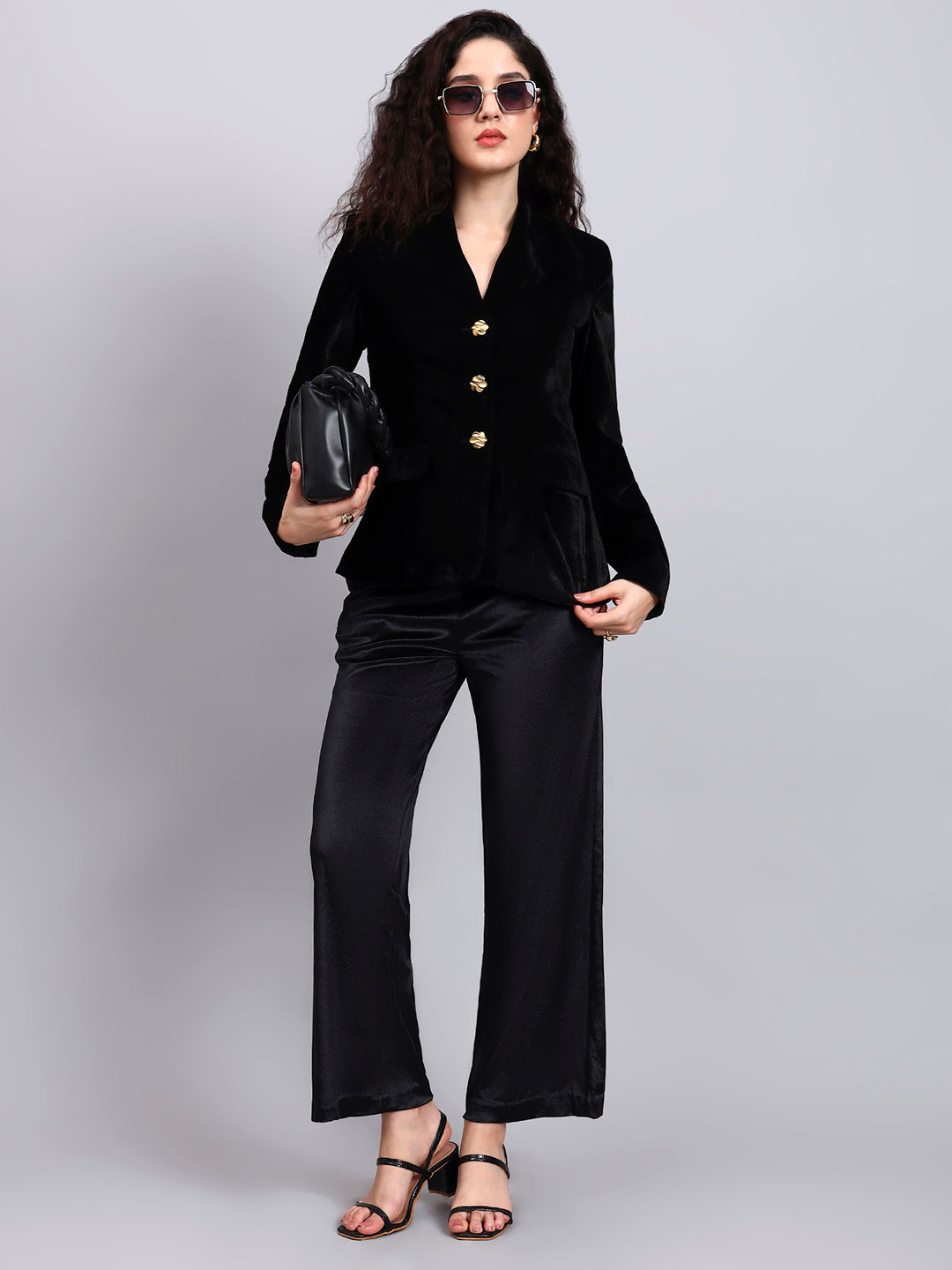 Powersutra Velvet Black Blazer With Gold Buttons