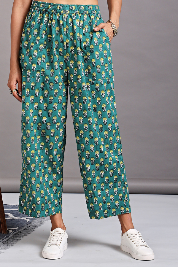Maati Craft comfort fit cotton pants - green yellow buta