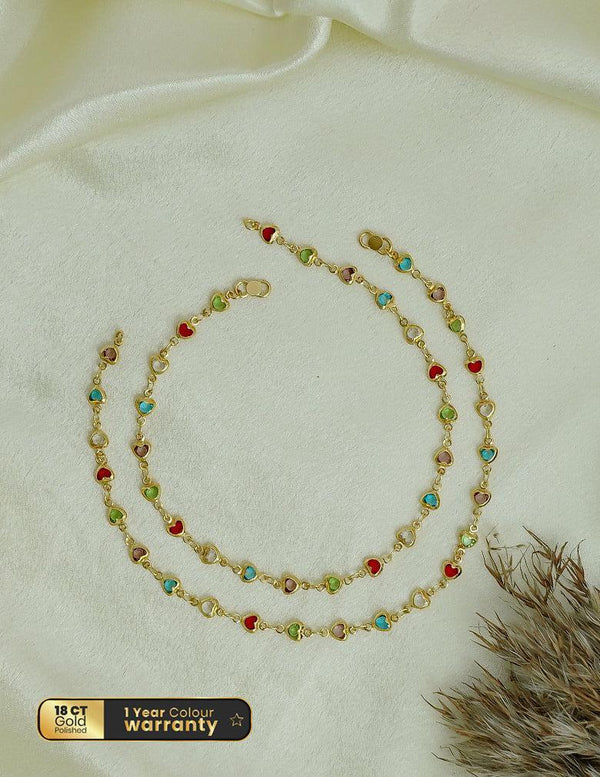 18K Gold-Toned Multicolor Heart Charm Anklet Pair LP- 48Hr Delivery