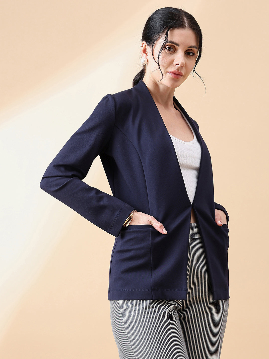 Lapel less Stretch Blazer- Navy