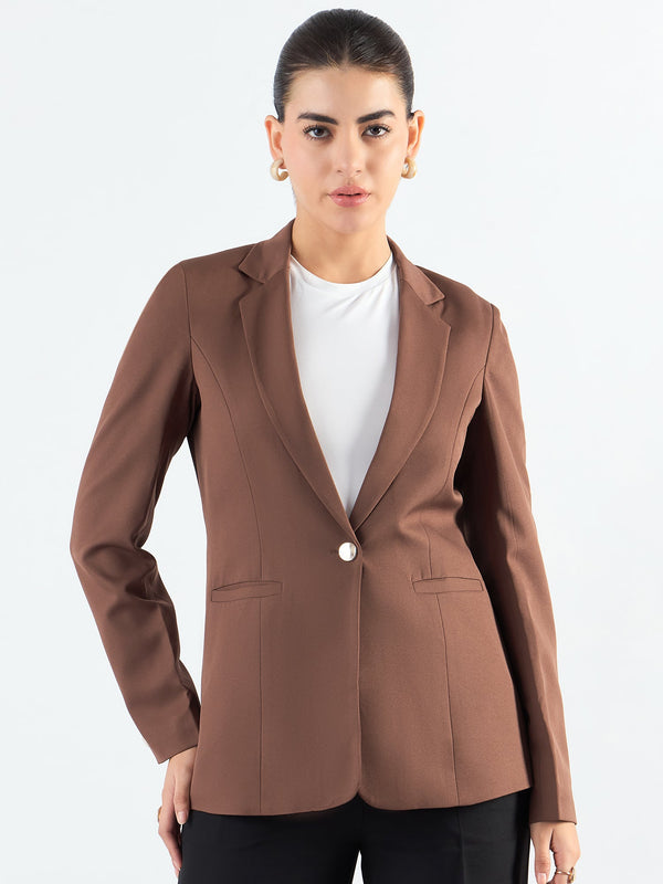 Brown Tailored Fit Notched Lapel Blazer In Stretchable Fabric