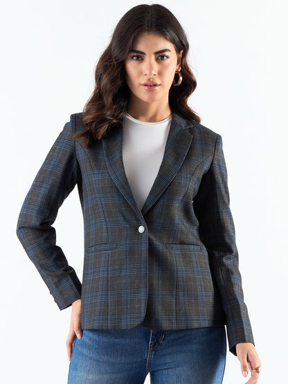 Classic Notched Collar Checkered Blazer In Woolen Plaid