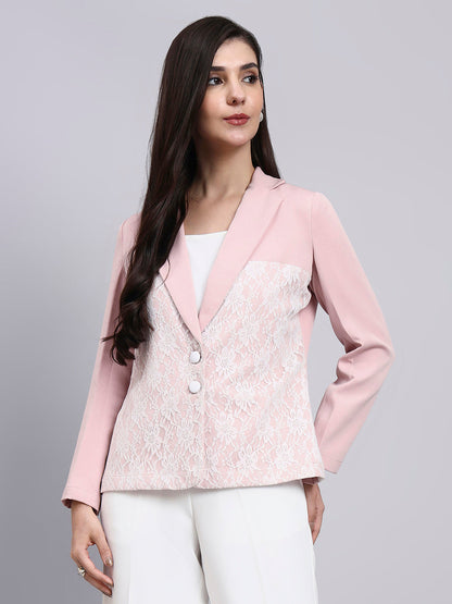 Powersutra Women Baby Pink Blazer With Lace Panel Detail