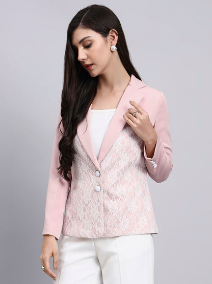 Powersutra Women Baby Pink Blazer With Lace Panel Detail