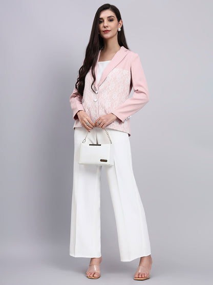 Powersutra Women Baby Pink Blazer With Lace Panel Detail