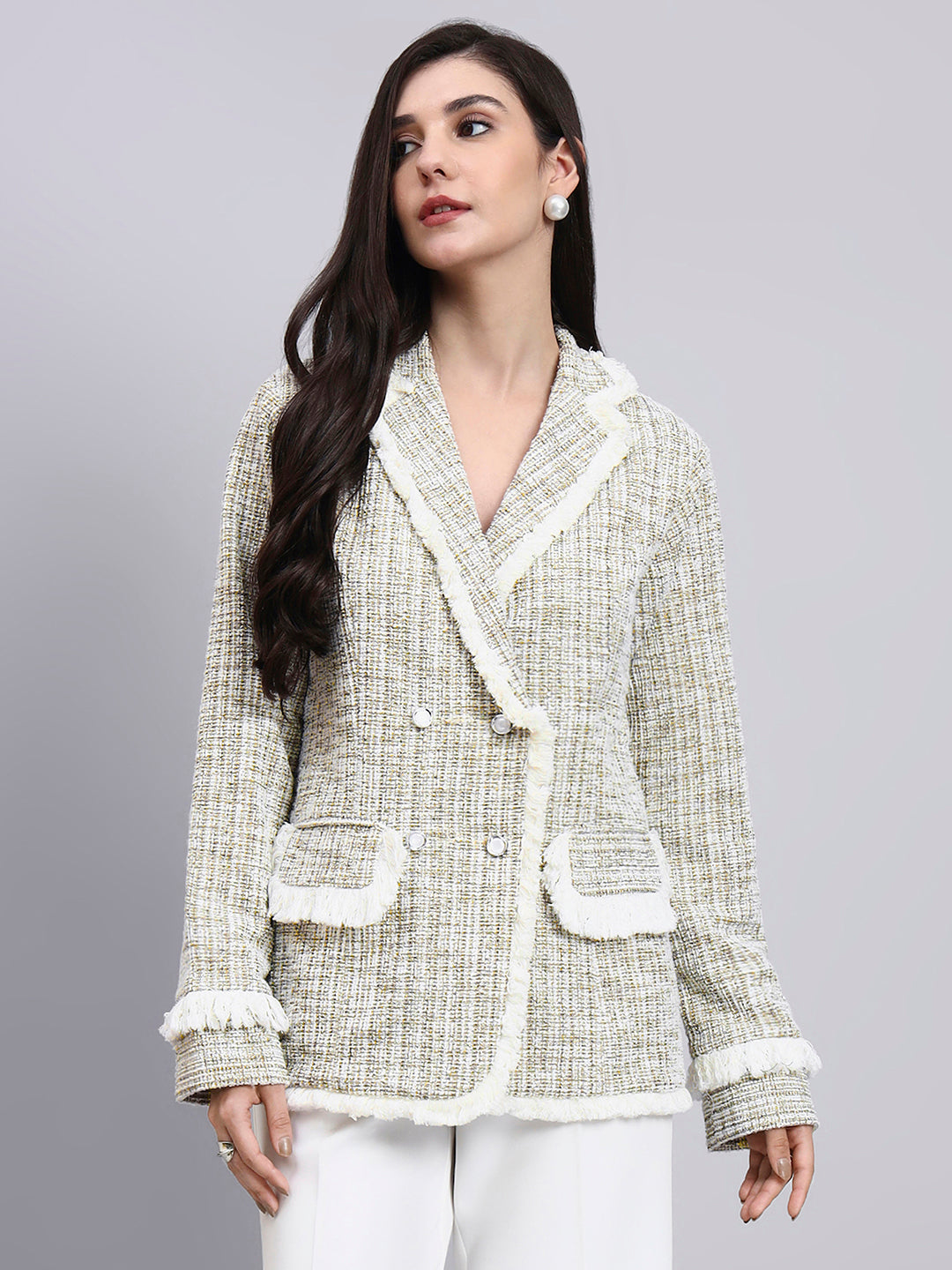 Powersutra Classic Beige Warm Tweed Stretchable  Blazer With Fringe Detailing