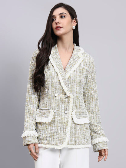 Powersutra Classic Beige Warm Tweed Stretchable  Blazer With Fringe Detailing