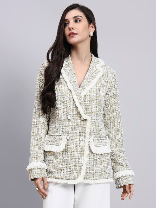 Powersutra Classic Beige Warm Tweed Stretchable  Blazer With Fringe Detailing