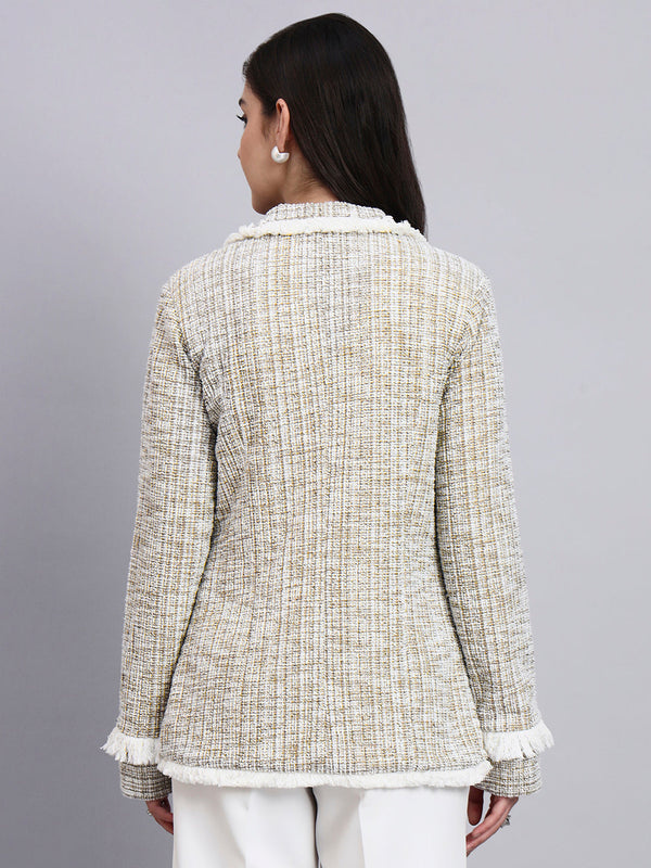 Powersutra Classic Beige Warm Tweed Stretchable  Blazer With Fringe Detailing