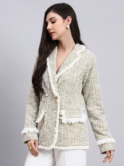 Powersutra Classic Beige Warm Tweed Stretchable  Blazer With Fringe Detailing