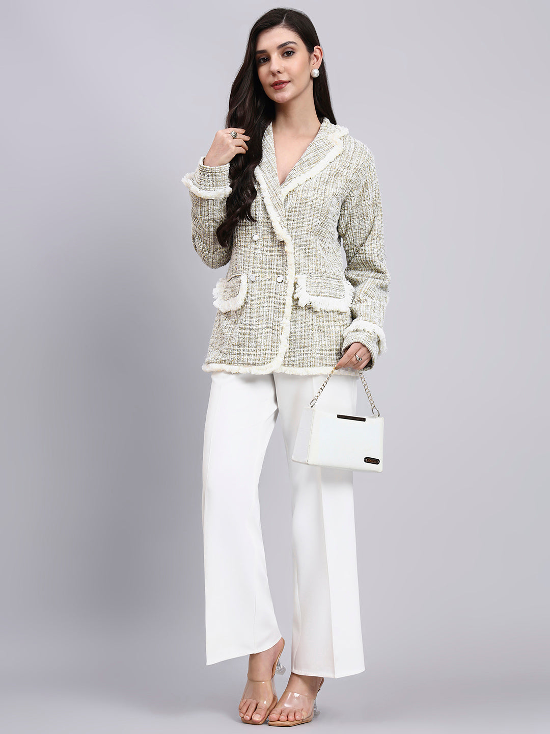 Powersutra Classic Beige Warm Tweed Stretchable  Blazer With Fringe Detailing