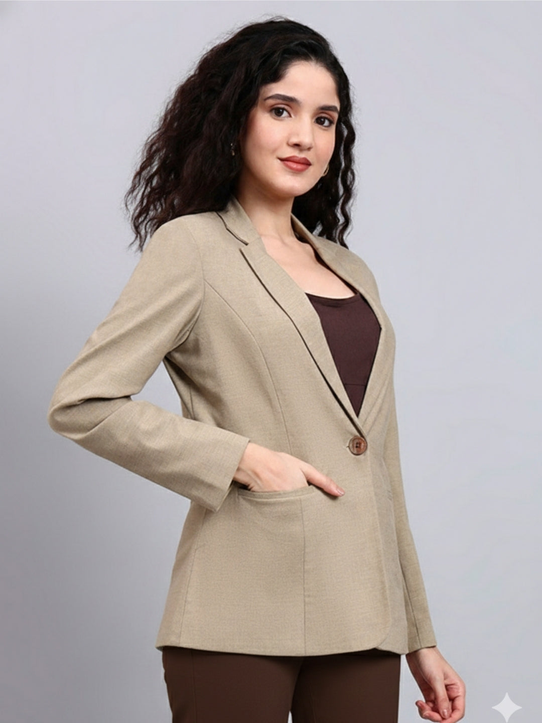 Women Beige Notched Lapel Blazer