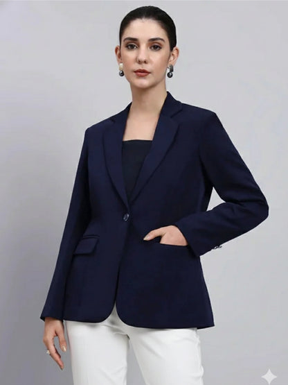 Women Navy Blue Notched Lapel Blazer
