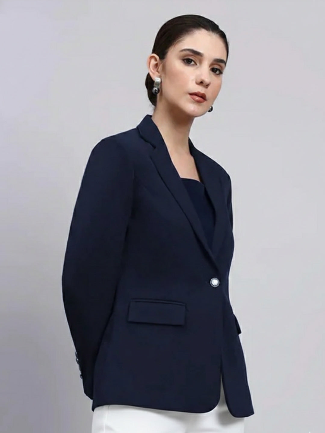 Women Navy Blue Notched Lapel Blazer