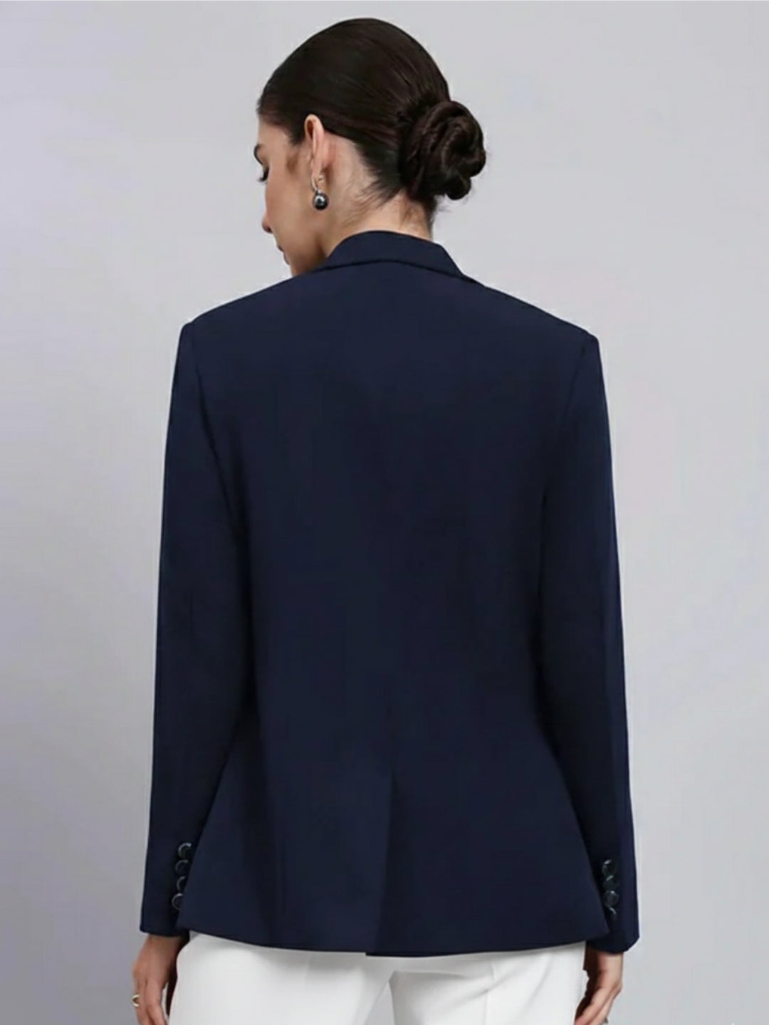 Women Navy Blue Notched Lapel Blazer