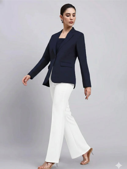Women Navy Blue Notched Lapel Blazer