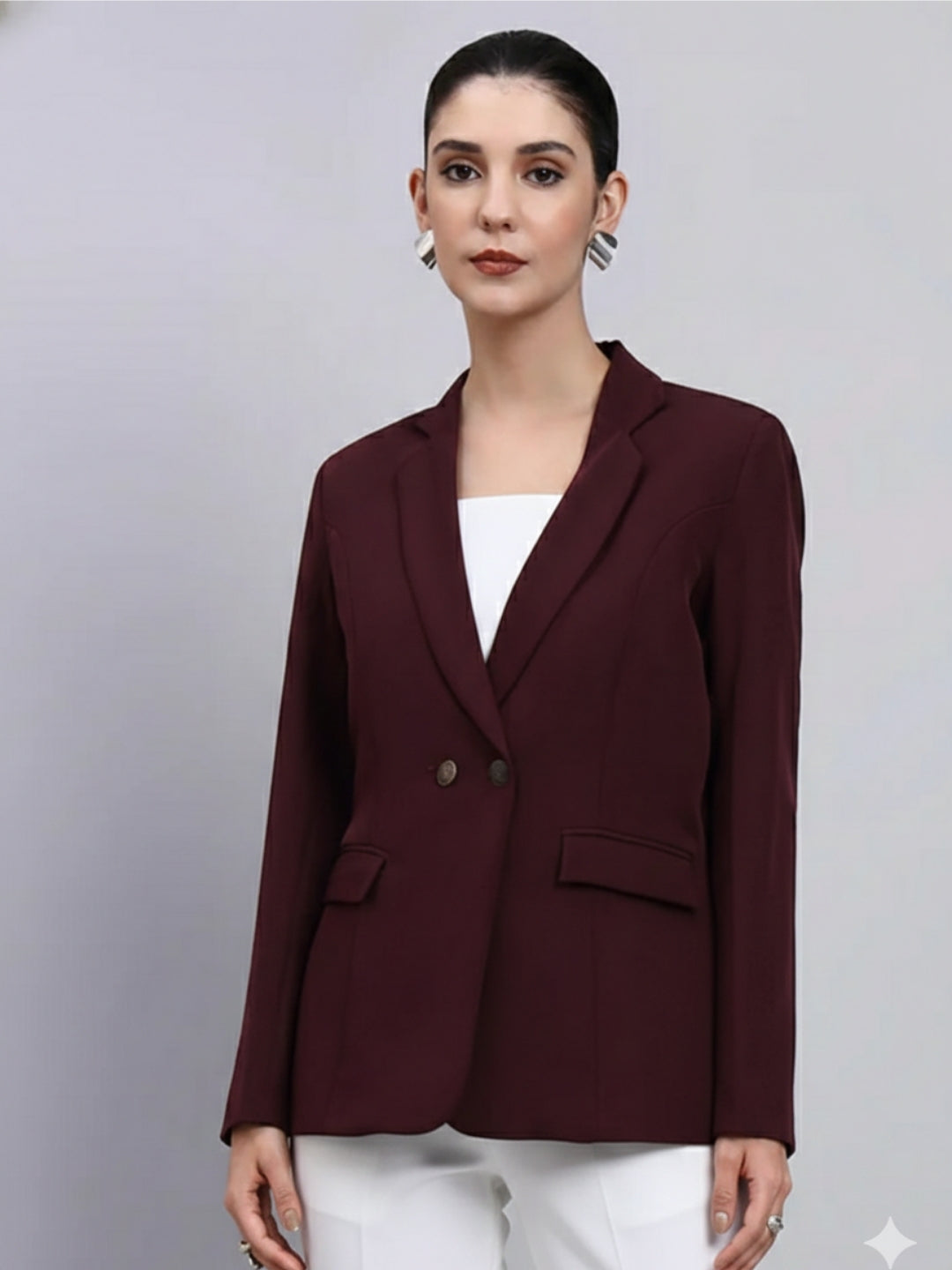 Women Burgundy Notched Lapel Blazer