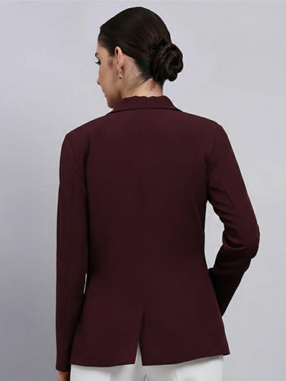 Women Burgundy Notched Lapel Blazer
