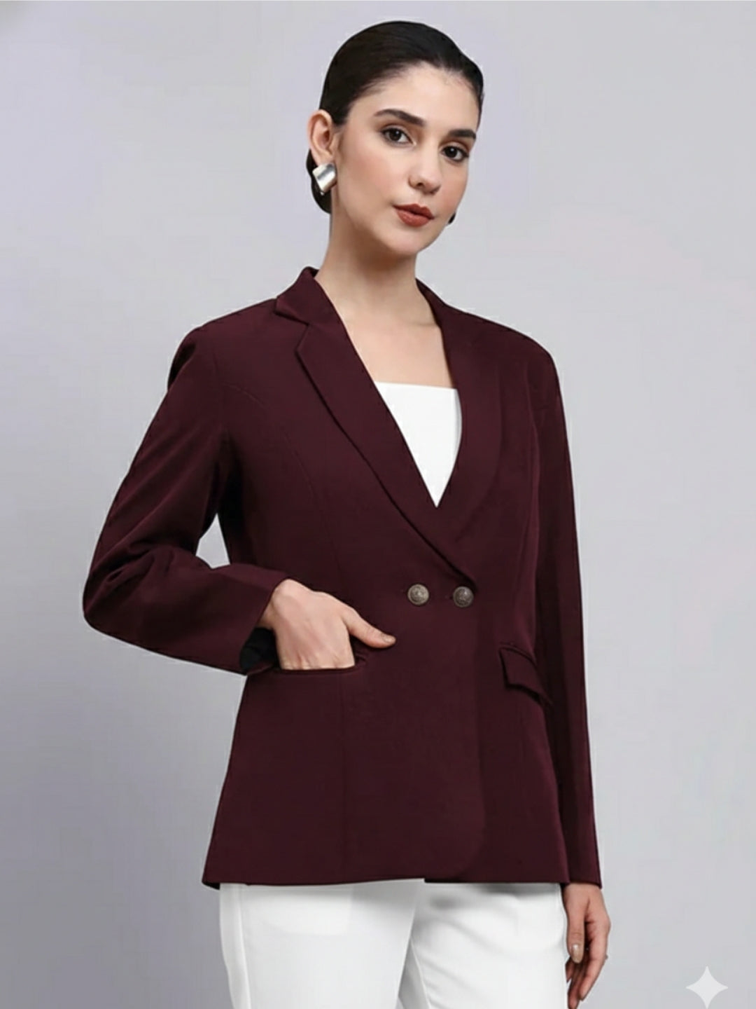 Women Burgundy Notched Lapel Blazer