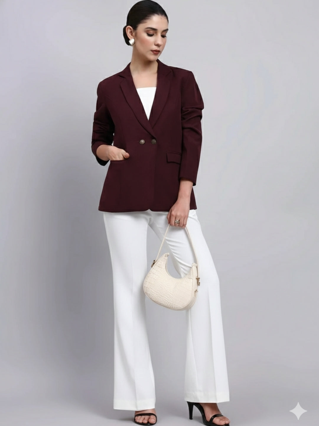 Women Burgundy Notched Lapel Blazer