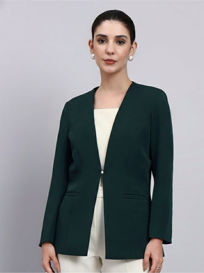 Women Green Lapel Less Blazer