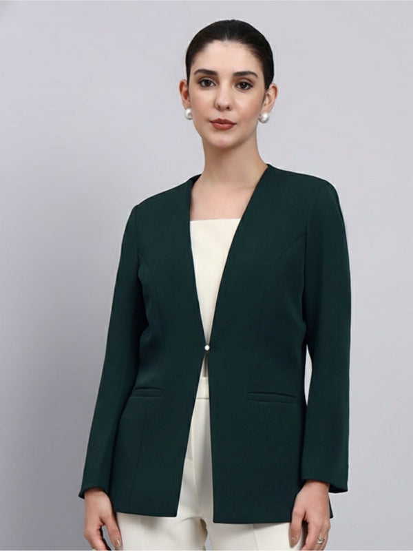 Women Green Lapel Less Blazer