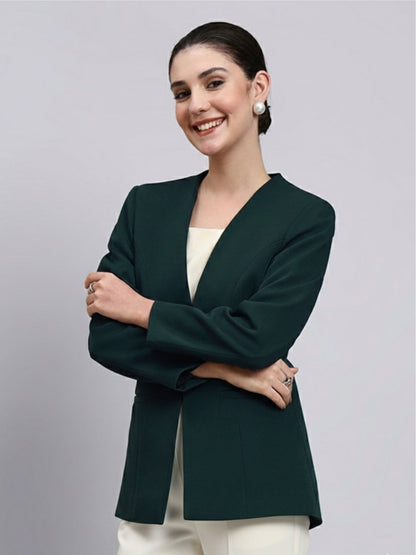 Women Green Lapel Less Blazer
