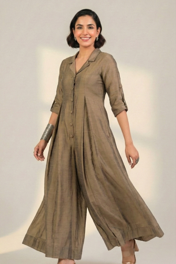 Maati Beige Luxe Silk Slub Jumpsuit With Pockets & Collar