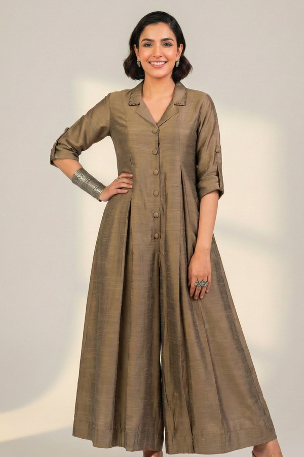 Maati Beige Luxe Silk Slub Jumpsuit With Pockets & Collar