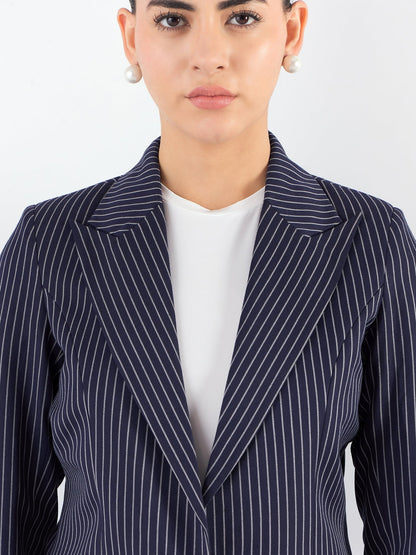 Blue-Striped Structured Blazer With Notched Lapel