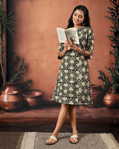 Black Floral Handblock Formal Shift Dress Bo